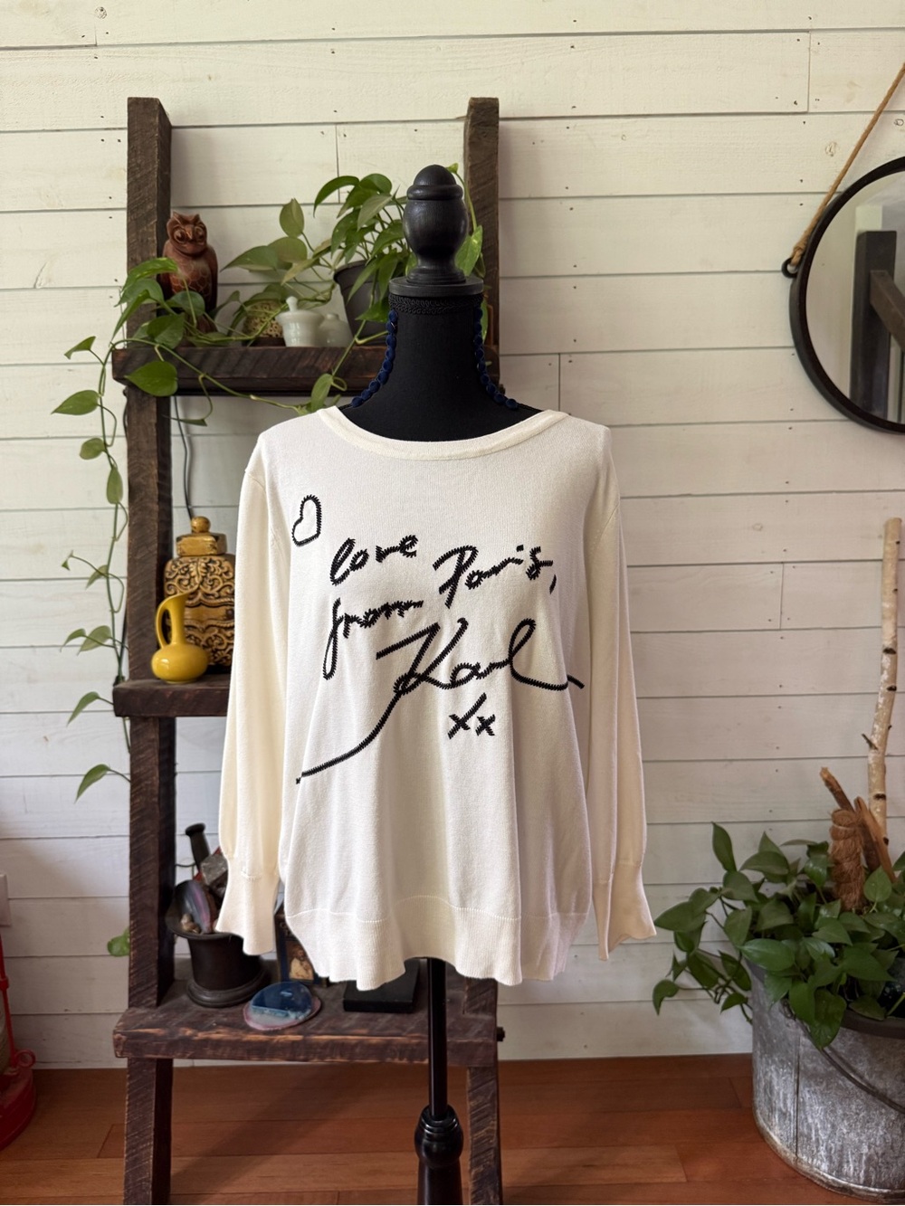 Karl Lagerfeld Cream White Graphic Crewneck Sweater with Black Script
